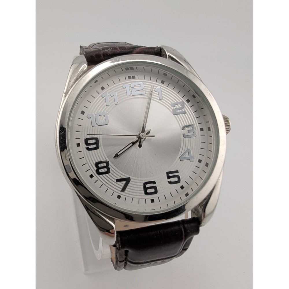 Men's Quartz Watch Silver 41mm Case Brown Faux Leather Band- New Battery